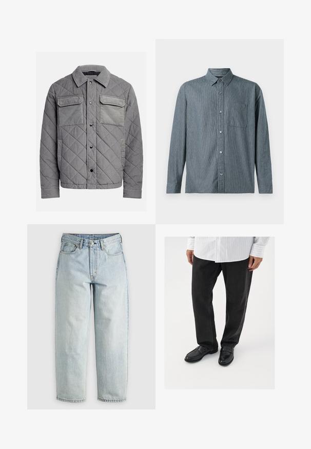 Gequilte grijze jas van een gestructureerde stof, met twee borstzakken, drukknoopsluitingen en een puntkraag. Duurzaam en geïsoleerd ontwerp.; Abercrombie & Fitch CROPPED CURVED HEM - Overhemd - dark blue; Lichtblauwe denim jeans met een rechtBeen, vijf zakken en een knoopsluiting; heeft vervaagde gebieden en subtiele stikdetails.; Zwarte denim broek gecombineerd met glanzende zwarte instappers. Het shirt is wit met dunne verticale strepen, heeft lange mouwen en een geknoopte kraag.
