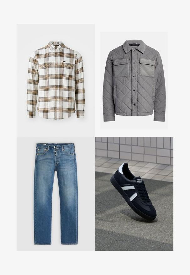 Gequilte grijze jas van een gestructureerde stof, met twee borstzakken, drukknoopsluitingen en een puntkraag. Duurzaam en geïsoleerd ontwerp.; Lee CLEAN WESTERN - Overhemd - ecru ochre plaid; Lichte blauwe denim jeans met een rechte snit, voorzien van vijf zakken, een metalen knoopsluiting en contrasterende gele stiknaad.; Zwarte leren sneaker met witte strepen, een gestructureerde rubberen zool en vetersluiting aan de voorkant. Voorzien van een merklabel op de tong.