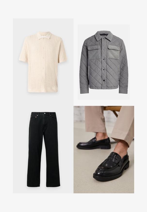 Veste grise matelassée en tissu texturé, dotée de deux poches poitrine, de boutons-pression et d'un col à point. Design durable et isolé.; Chemise à manches courtes à boutons en crème clair, présentant un motif tricoté texturé avec un col et cinq boutons sur le devant.; Jeans en denim noir avec une coupe droite, un design à cinq poches, des clous en métal et une fermeture à bouton. Le tissu a une texture douce avec un délavage minimal.; Mocassins en cuir noir avec une finition lisse, ornés d'une sangle décorative et de coutures contrastées, associés à un pantalon beige.