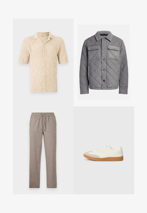 Veste grise matelassée en tissu texturé, dotée de deux poches poitrine, de boutons-pression et d'un col à point. Design durable et isolé.; Cardigan en tricot beige à manches courtes avec un motif en losanges, doté d'une fermeture à boutons et d'un col. Fabriqué à partir de matériau léger.; Pantalon de jogging gris en tissu doux, avec une taille élastique dotée d'un cordon de serrage et une coupe droite.; Baskets en cuir blanc avec une coque beige et une semelle en caoutchouc marron clair. Dotées de lacets blancs plats et d'un logo embossé sur le côté.