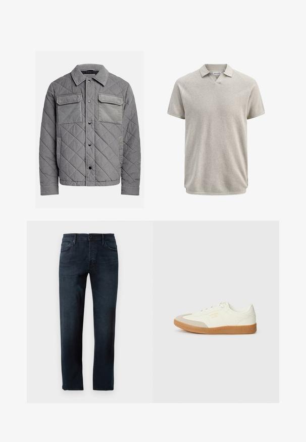 Quiltet grå jakke lavet af tekstureret stof, med to brystlommer, trykknapper og spidse krave. Holdbart og isoleret design.; Kortærmet beige tekstureret polo med krave og let V-formet halsudskæring, mærket Jack & Jones.; Mørkeblå jeans lavet af denimstof, med et lige ben-design, en frontknap- og lynlås-lukning samt fem lommer.; Sneaker lavet af hvid læder med en beige tåhætte og let brunt gummisål. Har flade hvide snørebånd og prægede branding på siden.