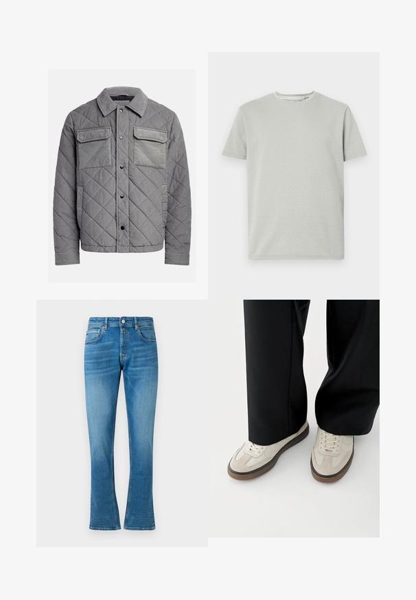 Gepolsterte graue Jacke aus strukturiertem Stoff, mit zwei Brusttaschen, Druckknöpfen und einem spitzen Kragen. Robuste und isolierte Konstruktion.; Hellgraues, kurzärmeliges T-Shirt mit strukturiertem Muster, Rundhalsausschnitt und geradem Saum. Aus weichem, atmungsaktivem Stoff gefertigt.; Blaue Denim- Schlagjeans mit normaler Taille, zwei Fronttaschen und leichter Abnutzung. Der Stoff hat eine weiche Textur und traditionelle Nähte.; Füße mit beigen Sneakers mit braunen Sohlen und schwarzen Hosen mit weitem Bein auf weißem Hintergrund.