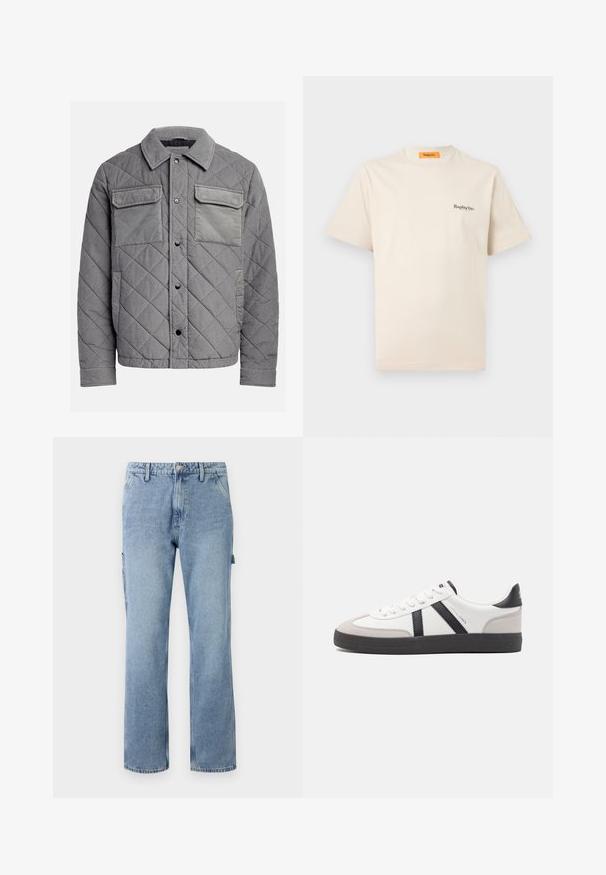 Gepolsterte graue Jacke aus strukturiertem Stoff, mit zwei Brusttaschen, Druckknöpfen und einem spitzen Kragen. Robuste und isolierte Konstruktion.; Replay Inc. ESSENTIAL LOGO UNISEX - T-Shirt basic - ivory; Hellblaue Denim-Cargo-Hosen mit geraden Beinen, fünf Taschen und einem Knopfverschluss. Mit Seitentaschen und einem lässigen, lockeren Schnitt ausgestattet.; Weiße Sneaker mit schwarz- und grau-aczenten, ausgestattet mit einer strukturierten grauen Zehenkappe, schwarzer Gummi-Sohle und flachen weißen Schnürsenkeln. Sauberes Design, minimalistische Stil.