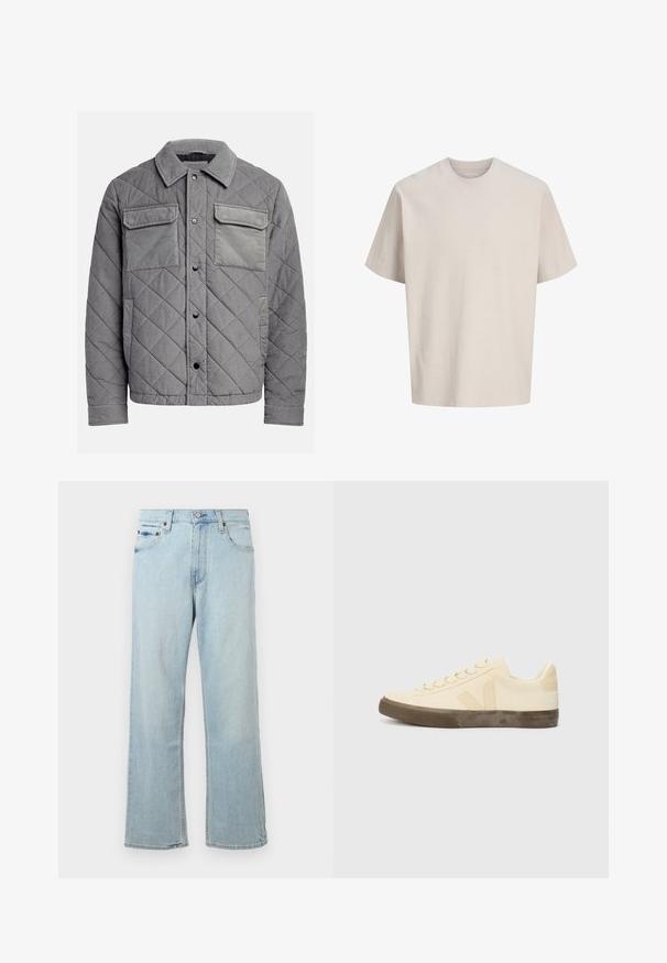 Quiltet grå jakke lavet af tekstureret stof, med to brystlommer, trykknapper og spidse krave. Holdbart og isoleret design.; Beige ribbet T-shirt med korte ærmer, rund hals, løs pasform og diskrete teksturerede lodrette linjer.; Lyseblå denimjeans med en løs, bred bendesign. Har fem lommer, bæltestropper og en lynlås med knaplukning.; Beige lærredssko med rund tå, flade snørebånd og struktureret brun gummisål. Har et logo på siden og et minimalistisk design.