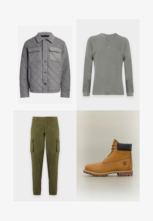 Quiltet grå jakke lavet af tekstureret stof, med to brystlommer, trykknapper og spidse krave. Holdbart og isoleret design.; Langærmet henley-skjorte i lysegråt vaffelstrikket stof. Har rund halsudskæring og tre-knaps knaplukning. Ærmekanter er ribbede.; Olivengrønne cargo-bukser med elastiske manchetter, der har to sidelommer, en frontlukning med knap og et glat, let materiale.; Brun læderankelstøvle med sort krave, gule snørebånd og tanfarvet sål. Har logo og hvide syninger som detalje. Robust ydersål med greb.