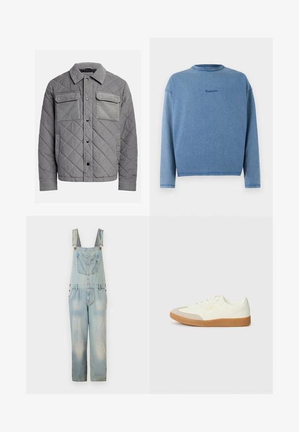 Chaqueta acolchada gris hecha de tejido texturizado, con dos bolsillos en el pecho, botones a presión y un cuello con puntas. Diseño duradero y aislante.; Sudadera azul de manga larga con cuello redondo y "Replay Inc." bordado en pequeñas letras azul oscuro centradas en el pecho.; Breteles de mezclilla azul claro con tirantes ajustables, bolsillos en el pecho y los laterales, y un corte holgado y corto. Presenta zonas descoloridas.; Zapatilla de cuero blanca con puntera beige y suela de goma marrón claro. Presenta cordones planos blancos y una marca en relieve en el lateral.