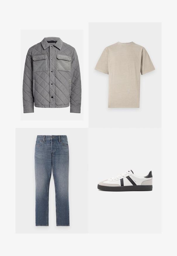 Gepolsterte graue Jacke aus strukturiertem Stoff, mit zwei Brusttaschen, Druckknöpfen und einem spitzen Kragen. Robuste und isolierte Konstruktion.; Kurzarm-T-Shirt in hellem Beige mit Rundhalsausschnitt, aus weichem Stoff gefertigt, mit glatter Textur und schlichtem Design ohne Grafiken.; Dunkelblaue Jeans aus Denim, mit geradem Bein, versehen mit einer ausgeblichenen Waschung, fünf Taschen und kupferfarbener Hardware. Sauberer, klassischer Look.; Weiße Sneaker mit schwarz- und grau-aczenten, ausgestattet mit einer strukturierten grauen Zehenkappe, schwarzer Gummi-Sohle und flachen weißen Schnürsenkeln. Sauberes Design, minimalistische Stil.