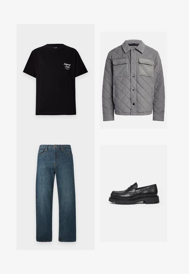 Gepolsterte graue Jacke aus strukturiertem Stoff, mit zwei Brusttaschen, Druckknöpfen und einem spitzen Kragen. Robuste und isolierte Konstruktion.; Schwarzes Kurzarm-T-Shirt aus Baumwolle. Verfügt über ein kleines weißes Logo im linken Brustbereich. Crew-Hals-Design, reguläre Passform.; Dunkelblaue Jeans im geraden Schnitt mit fünf Taschen, Knopfverschluss und Gürtelschlaufen auf einem schlichten weißen Hintergrund.; Schwarzer Lederloafer mit dicker, profilierter Sohle und Pennyriemen-Detail, von der rechten Seitenansicht auf weißem Hintergrund gezeigt.
