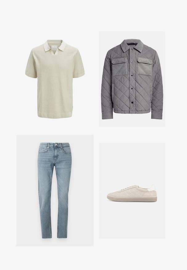 Quiltet grå jakke lavet af tekstureret stof, med to brystlommer, trykknapper og spidse krave. Holdbart og isoleret design.; Kortærmet beige polo-shirt med et struktureret strikkemønster, kontrasterende krave og ribbede ærmeslids. Har en v-hals og sømaksenter på siden.; Lys blå denimjeans med slim fit, fem lomme-design og minimale syninger. Stof har en blød tekstur og let falmede områder.; Beige ruskindssneaker med en tekstureret overdel, glat hvid hælkappe, tynde snørebånd og en gummi-ydersål. Har et lavt profil design.