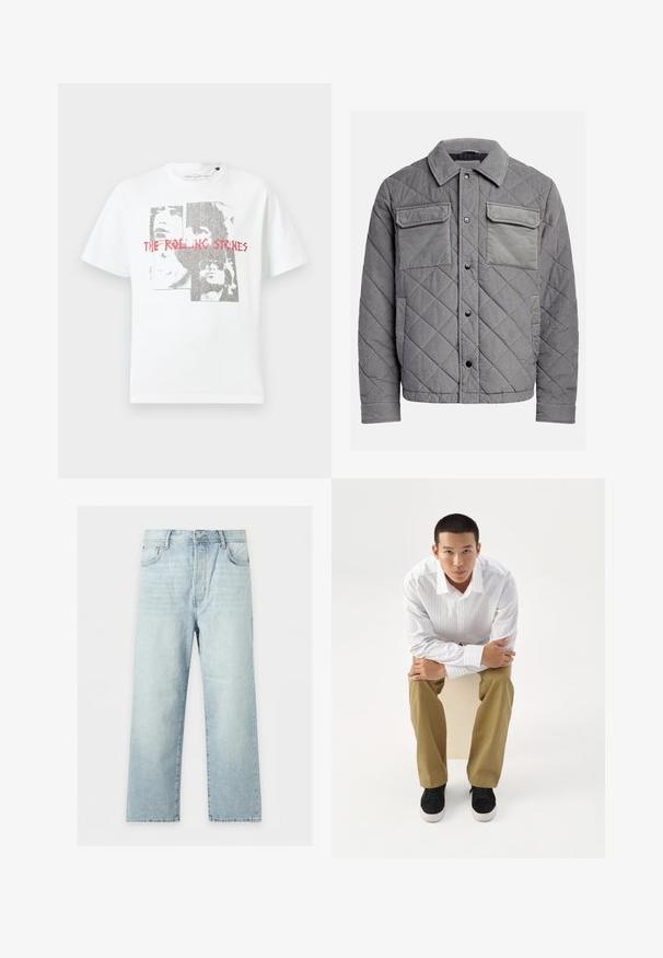 Quiltet grå jakke lavet af tekstureret stof, med to brystlommer, trykknapper og spidse krave. Holdbart og isoleret design.; Hvid bomulds T-shirt med et grafisk print af ansigter og teksten "THE ROLLING STONES" i rød. Rund hals og korte ærmer.; Lyseblå jeans med brede ben, fem lommer, knap- og lynlåslukning samt let falmet vask, lagt fladt på en hvid baggrund.; Ung mand i hvidt stribet skjorte og khakibukser sidder fremadlænet på en skammel med armene krydset, og ser direkte frem på en hvid baggrund.