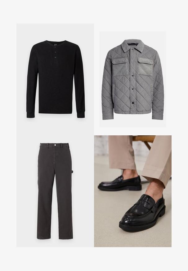 Quiltet grå jakke lavet af tekstureret stof, med to brystlommer, trykknapper og spidse krave. Holdbart og isoleret design.; Sort langærmet henley skjorte med tre-knaps placket ved halsen, blød tekstur og ribbede manchetter, der har en klassisk pasform og minimalistisk design.; Mørkegrå bomuldsbukser med et lige ben-design, der har en frontknaplukning og sidelommer, lavet af holdbart stof.; Sorte lædermokkasiner med en glat overflade, der har en dekorativ rem og kontraststing, parret med beige bukser.
