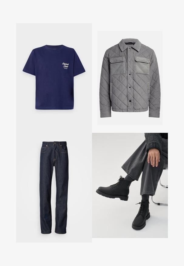 Gepolsterte graue Jacke aus strukturiertem Stoff, mit zwei Brusttaschen, Druckknöpfen und einem spitzen Kragen. Robuste und isolierte Konstruktion.; Dunkelblaues Baumwoll-T-Shirt mit kurzen Ärmeln, Rundhals und kleinen weißen Textgrafiken auf der linken Vorderseite. Einfaches, einfarbiges Design.; Dunkelblaue Jeans aus Denim mit geradem Schnitt, versehen mit kupferfarbigen Nähten, einem Fünf-Taschen-Design sowie einem klassischen Reißverschluss und Knopfverschluss.; Person sitzt mit übergeschlagenen Beinen, trägt schwarze Schnürstiefel, dunkle Socken, graue weite Hosen und einen gerippten dunklen Pullover vor weißem Hintergrund.