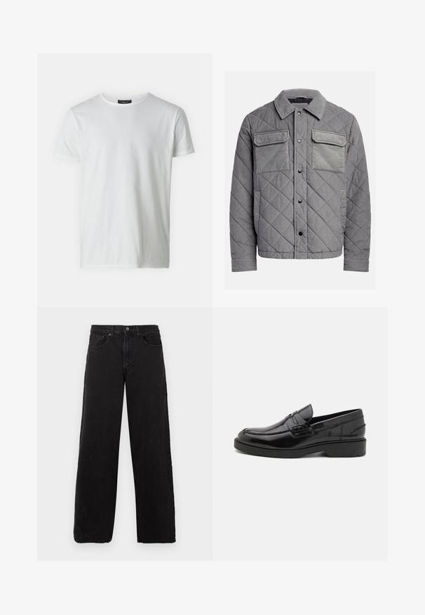 Chaqueta acolchada gris hecha de tejido texturizado, con dos bolsillos en el pecho, botones a presión y un cuello con puntas. Diseño duradero y aislante.; Camiseta blanca de manga corta y cuello redondo, hecha de algodón con una textura suave. Presenta una etiqueta en el cuello. Diseño simple y liso.; Jeans de mezclilla negra con un diseño de pierna recta, estilo de cinco bolsillos y cierre de botón. Tejido texturizado y estética minimalista.; Mocasines de cuero negro con un acabado suave, punta redondeada, tacón bajo y costura decorativa en la parte delantera. Suela de goma para mayor agarre.