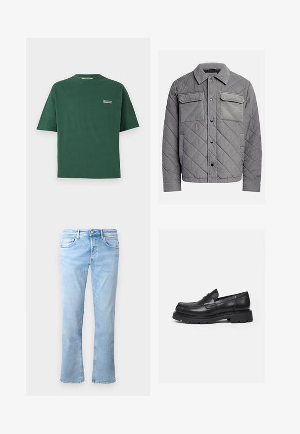 Quiltet grå jakke lavet af tekstureret stof, med to brystlommer, trykknapper og spidse krave. Holdbart og isoleret design.; Kortærmet grøn bomulds T-shirt med rund halsudskæring, der har et lille hvidt "SELECTED" logo på venstre bryst.; Lyseblå denimjeans har en lige ben-design, fem lomme-styling og en knaplukning. Stoffet har en glat tekstur med falmede accenter.; Sort læderloafer med tyk rillede sål og penny-remdetalje, vist i højre sideprofil på hvid baggrund.