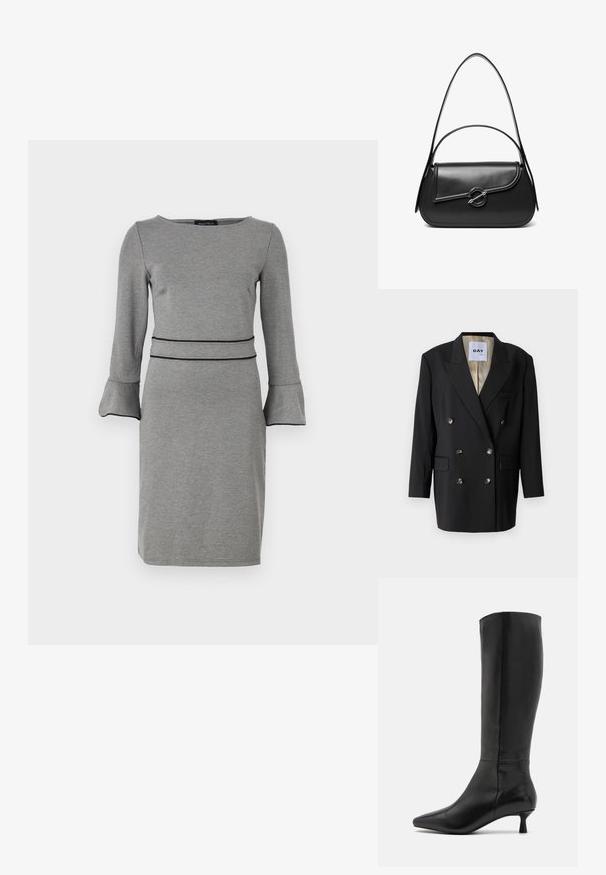 Sort dobbeltradet blazer med to frontlommer, metalliske knapper, notch-lapel og en kontrastfarvet beige foer.; Grå kjole lavet af blødt stof med lange ærmer, udvidede manchetter, en rund halsudskæring og en markerende sort taljedetalje.; Zign Høje støvler/ Støvler - black; Sort skuldertaske i læder med en buet klap, der er fastgjort med en rund metal spænde, og en slank, justerbar rem.