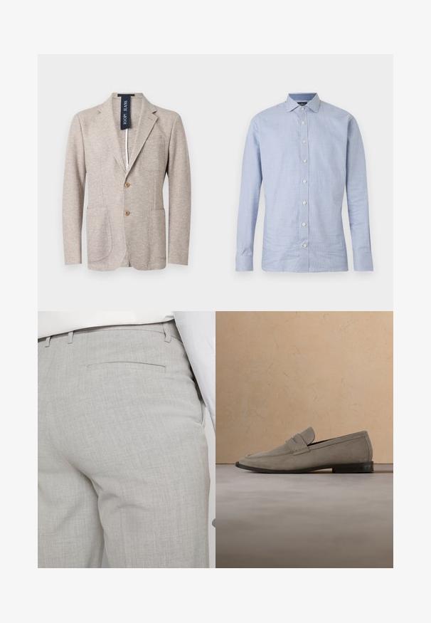Blazer beige texturizado para hombre con solapas con muesca, dos botones delanteros, bolsillos parche, bolsillo en el pecho y etiqueta visible de JOOP! JEANS dentro del cuello.; Camisa de manga larga a cuadros azules y blancos con collar, botones frontales y una textura suave. Tejido ligero adecuado para superponer.; Pantalones grises claros a medida hechos de tela texturizada, con un solo bolsillo trasero y costuras limpias.; Mocasín de ante beige con suela oscura, mostrado sobre un fondo de alfombra y sofá a juego.