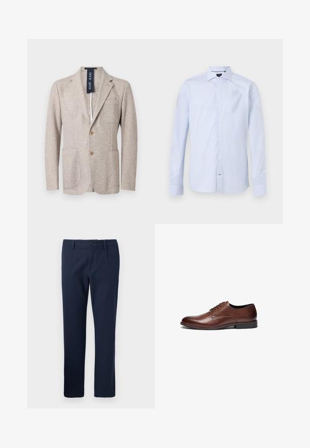 Blazer beige texturé pour homme avec revers crantés, deux boutons devant, poches plaquées, poche poitrine et étiquette JOOP! JEANS visible à l'intérieur du col.; Chemise habillée bleu clair à manches longues avec un petit motif de points foncés, boutonnée sur le devant, col italien et poignets à un bouton.; Pantalon bleu marine droit avec fermeture par bouton et zip, passants de ceinture et poches avant, présenté sur un fond uni.; Chaussure habillée en cuir brun avec une texture lisse, un bout arrondi et cinq œillets pour les lacets. Elle présente un petit talon noir et des détails de couture minimalistes.