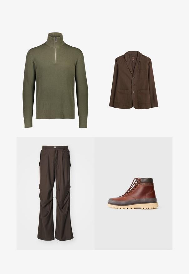 Blazer marron en tissu texturé. Il présente un col cranté, trois boutons et deux poches avant. Design simple, entièrement doublé.; Pull en maille côtelée vert olive avec col montant et fermeture à quart de zip. Il présente des manches longues et une finition texturée.; Pantalons marron sur mesure avec une coupe large, dotés de poches latérales et d'une fermeture à bouton à l'avant. Tissu lisse avec de légers plis.; Bottes montantes en cuir marron avec œillets métalliques, accents marron, semelle en caoutchouc épaisse et semelle intermédiaire striée pour une meilleure traction.