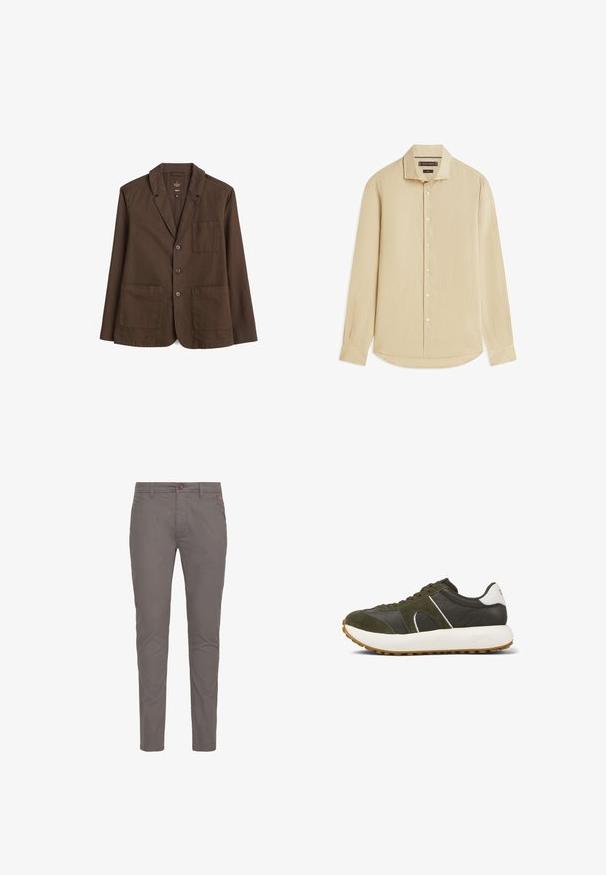 Blazer marron en tissu texturé. Il présente un col cranté, trois boutons et deux poches avant. Design simple, entièrement doublé.; Chemise beige à manches longues avec boutons, col pointu et ourlet arrondi, étalée à plat sur un fond blanc.; Chinos gris en coton avec une coupe droite, présentant une fermeture à bouton, des poches standards et un design minimaliste. Surface lisse et sans motifs.; Baskets vert olive avec des matériaux en suede et en cuir, accents blancs, bout arrondi, semelle épaisse blanche et semelle en caoutchouc gomme texturée.