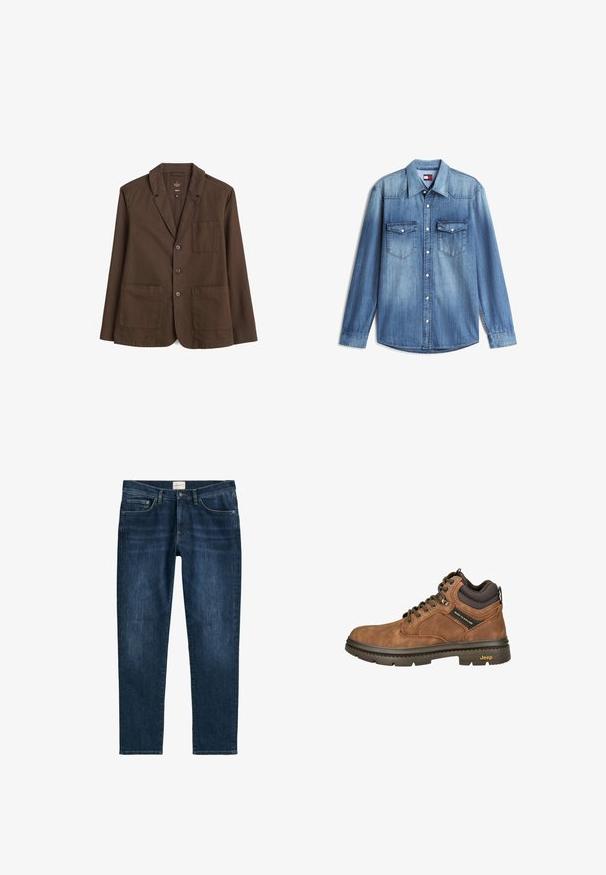 Brauner Blazer aus strukturierter Stoff. Mit Reverskragen, drei Knöpfen und zwei vorderen Taschen. Schlichtes Design, vollständig gefüttert.; Hellblaues Denim-Hemd mit langen Ärmeln, durchgehender Knopfleiste, spitzem Kragen und zwei Brusttaschen mit Knopflaschen.; Dunkelblaue Denim-Jeans mit geradem Bein, fünf Taschen, Gürtelschlaufen und dezentem Verblassen. Der Stoff hat eine glatte Textur.; Braune Wanderstiefel aus Leder mit Stoffakzenten, Schnürdesign, gepolsterter Schaft und einer strukturierten Gummisohle mit Jeep-Logo.