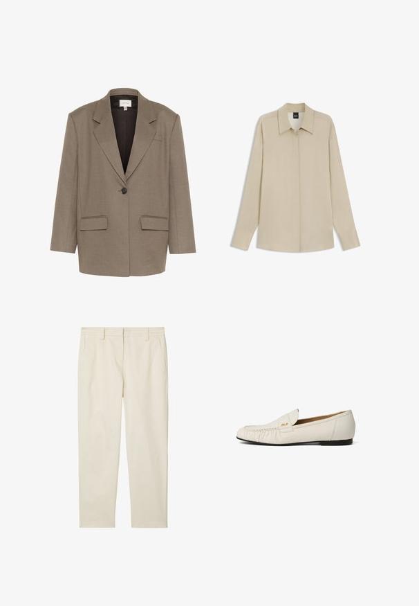 Hnedý blazer so štruktúrovaným dizajnom, s jedným gombíkom, dvoma prednými vreckami a klopami s rázsochou. Hladká, štruktúrovaná tkanina.; Béžová košeľa s dlhými rukávmi, skrytými gombíkmi, špicatým golierom a zakončenými rukávmi, vystavená na bielom pozadí.; Marc O'Polo MODERN STYLE TAPERED LEG HIGH RISE WELT POCKET - Nohavice chinos - chalky sand; Biela kožená mokasína s plochou čiernou podrážkou, nariaseným detailom na špičke a malým zlatým logom na boku vrchnej časti.