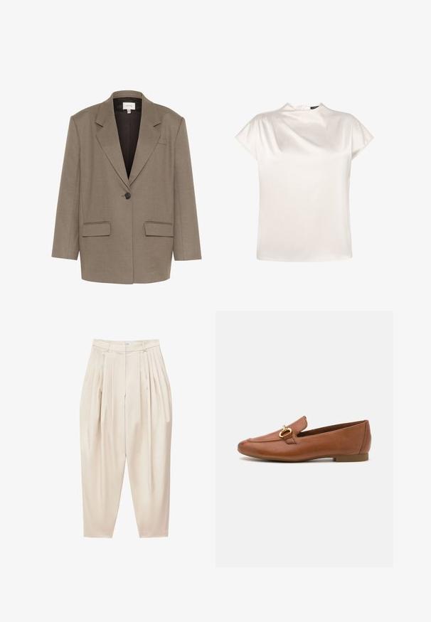 Blazer marron au design structuré, avec fermeture à un bouton, deux poches avant et revers crantés. Tissu lisse et texturé.; zero Blouse - eggnog; Pantalon beige taille haute à plis avec jambes fuselées et fermeture éclair avant.; Mocassins en cuir marron avec un bout arrondi, présentant un accent décoratif en métal doré. Semelle plate et finition lisse.