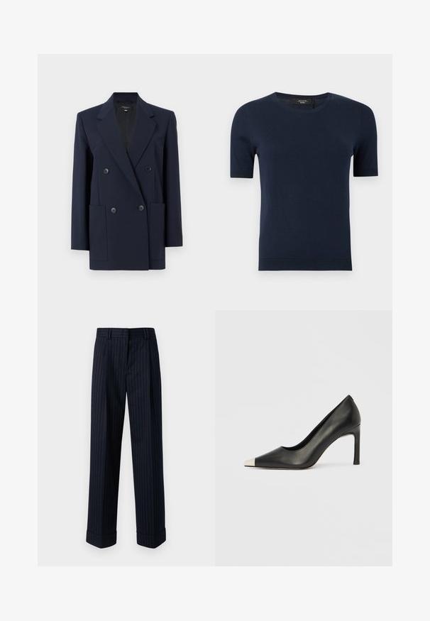 Mørkeblå, dobbeltknappet blazer med hakkede revers, fire forreste knapper, lange ærmer og to forreste påsyede lommer.; Mørkeblå kortærmet strikket sweater med rund halsudskæring og ribbede ærmer og kant, vist på en ensfarvet baggrund.; Marineblå bredbenede bukser med et stribet mønster i guld, fremstillet af et glat stof, med opsmøgede ben og frontlommer.; Sort læder højhælet sko med spids tå og metal-sølv hætte. Har en glat finish og en slank hæl på 10 cm.