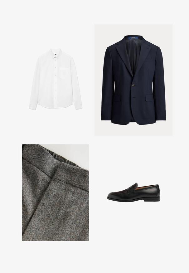 Marineblå enkeltknottet blazer med hakrevers, lukning med en knap, frontlommer med klap og glat inderfor.; Hvid langærmet skjorte med knapper, krave, forlommer og subtil tekstur. Frontlukning har knapper og et lille logo-detalje.; Grå uldblandingsbukser med en glat tekstur, der har en bred talje og en ren, klassisk pasform. Subtile farveprikker er til stede.; Sorte læder loafers med en struktureret mørkebrun vamp, slankt design, rund tå og diskret syning på det øverste.