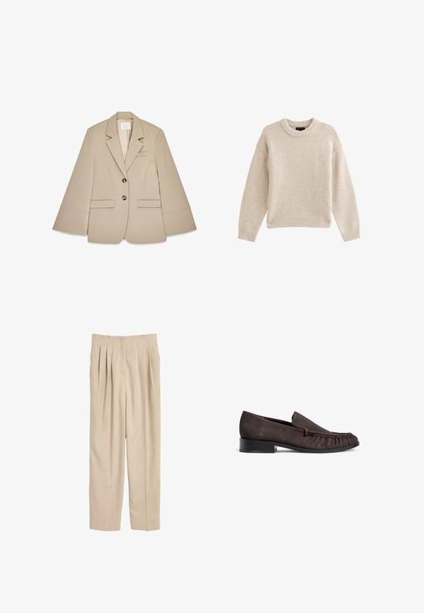 Beige blazer med sjalskrave, to frontlommer med klap og to messingknapper. Har et struktureret design og en glat stofoverflade.; Beige strikket sweater med rund hals, lange ærmer og ribbet kant. Tekstureret stof med en blød udseende. Enkel og alsidig design.; Beige plisserede bukser med en skræddersyet pasform, lavet af et glat stof, der har et klassisk taljebånd og lige ben.; Brune ruskinds loafers med en lav sort hæl og samlet detaljering foran. Glat tekstur, rund tå og minimalistisk design.