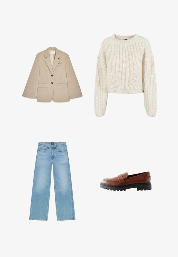 Beige Blazer mit Schalkragen, zwei vorderen Klappentaschen und zwei Messingknöpfen. Hat ein strukturiertes Design und eine glatte Stofftextur.; Dicker Strickpullover in Creme mit Rundhalsausschnitt, weiten Ärmeln, gerippten Bündchen und einem strukturierten Muster. Verkürzter Schnitt.; Helles Blau, weite Jeans aus Denim. Verfügt über ein klassisches Fünf-Taschen-Design und eine subtile verblasste Textur. Knopf- und Reißverschluss.; Braune Lederloafers mit einer erhöhten Zehenkappe, dekorativem Riemen und einer strukturierten schwarzen Gummisohle mit deutlich ausgeprägtem Profil.