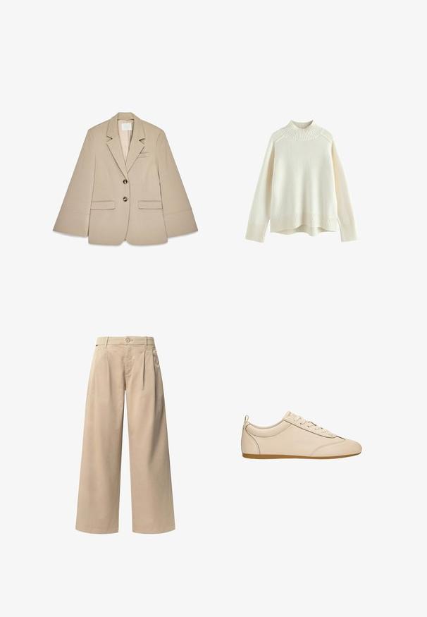 Beige blazer met een sjalkraag, twee voorste klepzakken en twee koperen knopen. Kenmerkt zich door een gestructureerd ontwerp en een gladde stoftextuur.; Crèmekleurige trui met een geribbelde hoge hals, lange mouwen en een relaxte pasvorm. Getextureerde gebreide stof en geribbeld zoomdetail aan de onderkant.; Beige wijde broek met twee voorplooien, een knoopsluiting en een gladde textuur. Ontworpen voor comfort en een losse pasvorm.; Beige leren veter-sneaker met een gladde afwerking, ronde neus, laag profiel, gevoerde kraag en een bruine rubberen zool.