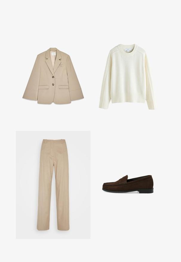 Beige blazer med sjalskrave, to frontlommer med klap og to messingknapper. Har et struktureret design og en glat stofoverflade.; Next CREW NECK - Striktrøje - ecru; Calvin Klein TAILORED STRAIGHT PANT - Bukser - cinder; Brune ruskinds loafers med en syet mokkasintå, flad sort gummisål og en dekorativ toprem og detalje.