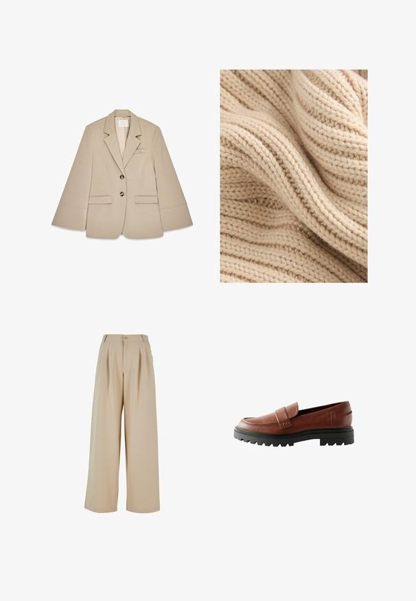 Blazer beige con cuello de chal, dos bolsillos frontales con solapa y dos botones de bronce. Presenta un diseño estructurado y una textura de tela suave.; Tela beige de punto con acanalado texturizado, que muestra variaciones de grosor y una apariencia suave y difusa. Los hilos están tejidos de forma apretada.; Pantalones de pierna ancha beige con pliegues en la parte delantera, cierre de botón y una textura suave. Presenta una cinturilla entallada y bolsillos laterales.; Mocasines de cuero marrón con puntera elevada, tira decorativa y suela de goma negra texturizada con un prominente dibujo.