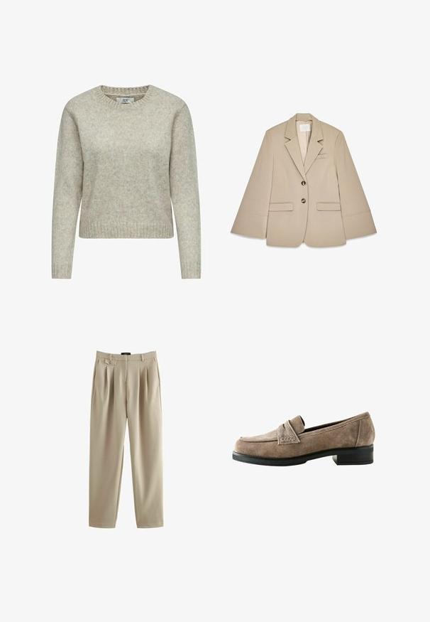 Beige blazer met een sjalkraag, twee voorste klepzakken en twee koperen knopen. Kenmerkt zich door een gestructureerd ontwerp en een gladde stoftextuur.; Lichtbeige vrouwen trui gemaakt van zacht gebreide stof, met een ronde halslijn en ribgebreide manchetten en zoom. Klassiek, recht gesneden ontwerp.; Beige geplooide broek met een relaxte pasvorm, voorzien van een knoopsluiting en riemlussen, gemaakt van een gladde stof met een zachte textuur.; Bruine suède loafers met een lage, zwarte gestapelde hak. Heeft een gestikt voorpand en een zachte binnenvoering. Rond ontwerp van de neus.