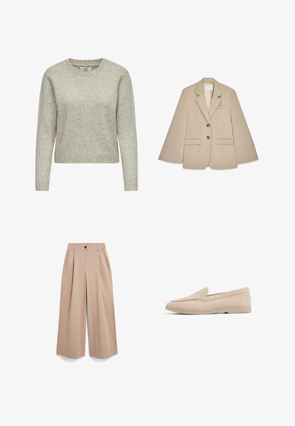 Beige blazer met een sjalkraag, twee voorste klepzakken en twee koperen knopen. Kenmerkt zich door een gestructureerd ontwerp en een gladde stoftextuur.; Lichtbeige vrouwen trui gemaakt van zacht gebreide stof, met een ronde halslijn en ribgebreide manchetten en zoom. Klassiek, recht gesneden ontwerp.; Beige wijde broek met plooien, zijzakken, lussen voor een riem en een knoopsluiting bij de tailleband, afgebeeld op een witte achtergrond.; Beige suède loafers met een gladde textuur, een afgeronde neus en minimale stikdetails. Ze hebben een flexibele, lichtgekleurde zool.