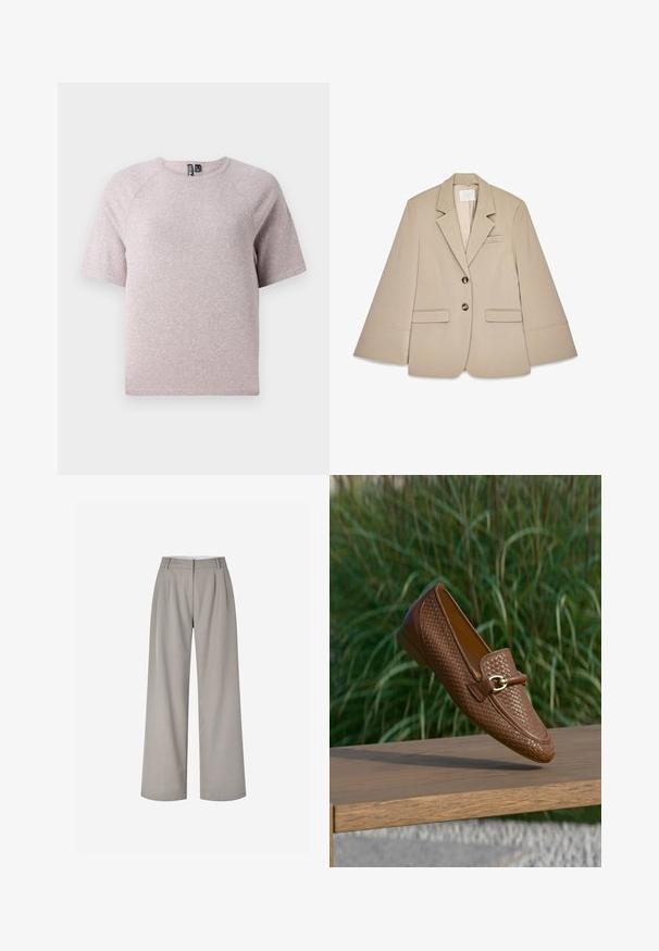 Beige Blazer mit Schalkragen, zwei vorderen Klappentaschen und zwei Messingknöpfen. Hat ein strukturiertes Design und eine glatte Stofftextur.; Helles beige T-Shirt mit kurzen Ärmeln, aus weichem, strukturiertem Stoff, mit rundem Halsausschnitt und Raglanärmeln.; Weit geschnittene Hosen aus hellgrauem Stoff mit einem maßgeschneiderten Design, ausgestattet mit vorderen Falten, einem mittelhohen Bund und ohne sichtbare Verzierungen.; Brauner gewebter Lederloafer mit glattem, abgerundetem Zehenbereich und dekorativem Metallschmuck, vor einem verschwommenen grünen Hintergrund.