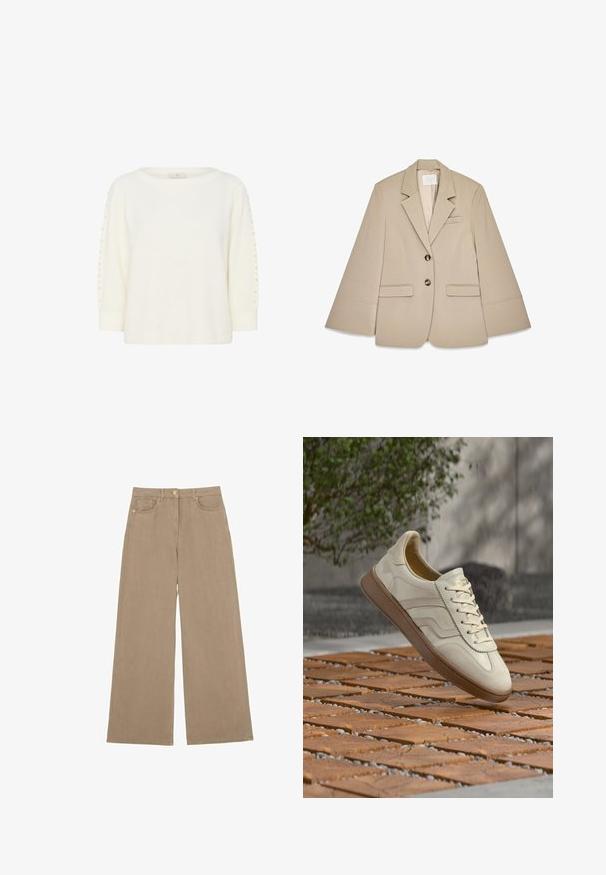 Beige blazer med sjalskrave, to frontlommer med klap og to messingknapper. Har et struktureret design og en glat stofoverflade.; Kaffe KABETTY - Striktrøje - chalk cc; Beige bukser med vide ben, forrest med knap og lynlås, bæltestropper og to forlommer, lagt fladt ud på en hvid baggrund.; Sneakers i cremefarve med en struktureret beige gummisål, snøredesign og diskret brand på siden. Overdel i glat læder.