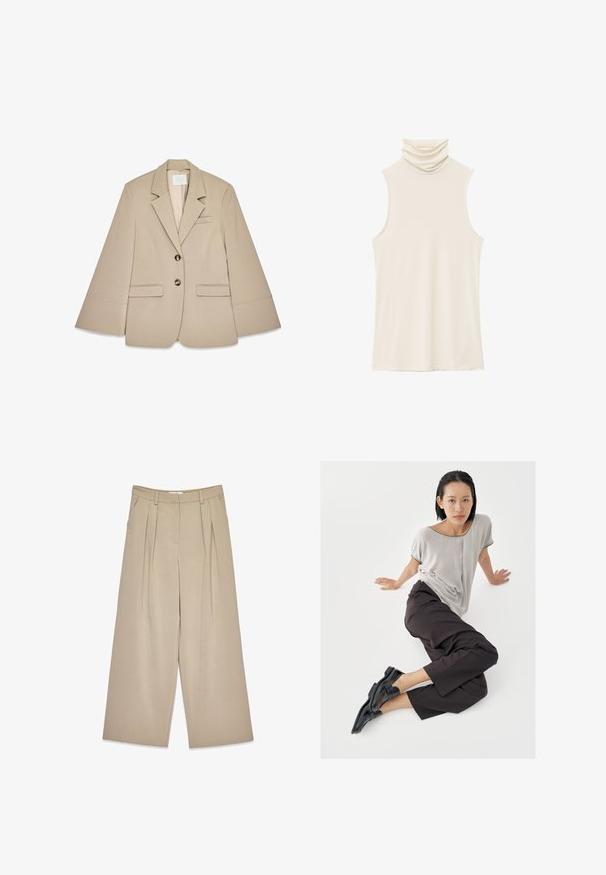 Beige bleiseri, jossa on shaalikaulus, kaksi etupussikoloa ja kaksi messinkistä nappia. Ominaisuuksiin kuuluu jämäkkä muotoilu ja sileä kangas.; Kermaavärinen hihaton paita, jossa on korkea, laskeutuva poolokaulus. Valmistettu pehmeästä, sileästä kankaasta, jossa on kevyt ja joustava koostumus, ilman koristeita.; Vaaleat liehukkeet, joissa on etu-preussit, sivutaskut, vyölenkit ja piilotettu edestä suljettava kiinnitys.; Vaaleanharmaa lyhythihainen paita, tummat leveälahkeiset housut ja mustat loafersit. Sileä kangas, rento istuvuus ja kontrastivärinen reunus paidassa.