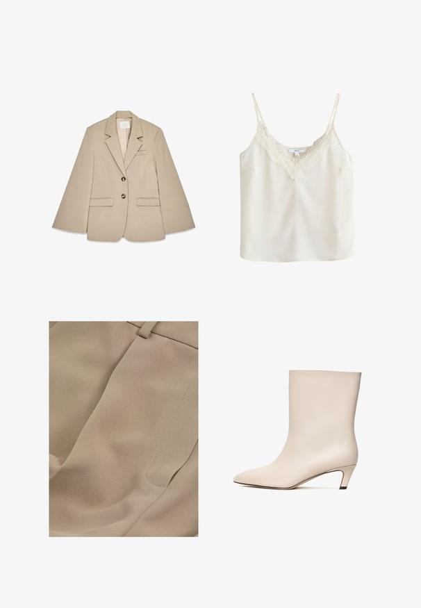 Beige blazer met een sjalkraag, twee voorste klepzakken en twee koperen knopen. Kenmerkt zich door een gestructureerd ontwerp en een gladde stoftextuur.; Roomkleurig mouwloos hemd met dunne bandjes en kanten randje langs de V-hals, afgebeeld op een effen achtergrond.; Reiss PETITE FIT - EDEN ELASTICATED WAIST WIDE - Broek - mink neutral; Beige leren enkelboot met een pointed toe en een conische hak. Gladde textuur met minimale stiknaden en een slanke silhouet.