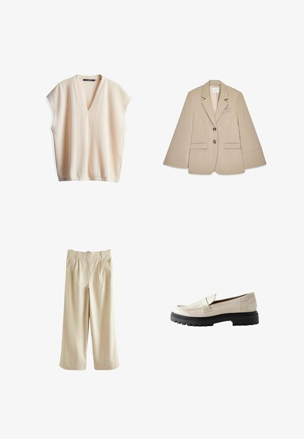 Beige blazer met een sjalkraag, twee voorste klepzakken en twee koperen knopen. Kenmerkt zich door een gestructureerd ontwerp en een gladde stoftextuur.; Licht beige kortemouw shirt met een V-hals, met een gestructureerde stof en subtiele verticale strepen. Zacht, ademend materiaal, relaxte pasvorm.; Next SMART WIDE LEG - Broek - stone; Crème patenten leren loafers met een ronde neus, een gestikte accent op de schacht en een chunky zwarte rubberen zool met profieldetails.
