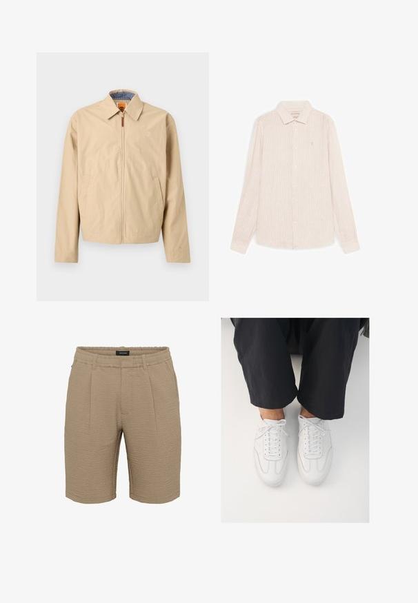 Beige jas met rits en kraag, zijzakken en geborduurd logo op de borst, met een blauwe geruite voering aan de binnenkant.; Beige overhemd met lange mouwen en knopen, voorzien van dunne verticale strepen, een puntige kraag en een subtiel geborduurd logo op de linkerborst.; Beige shorts van gestructureerde stof met een gekreukt oppervlak, een elastische tailleband en twee plooien aan de voorkant.; Witte leren sneakers met een gladde textuur, ronde neus en klassiek vetersysteem, gepositioneerd boven donkere, losse broeken.