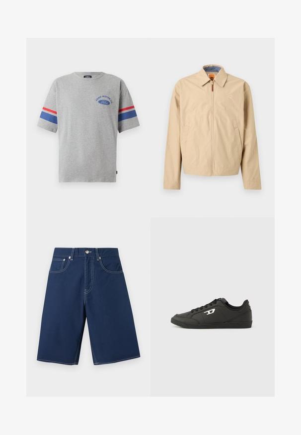 Beige jas met rits en kraag, zijzakken en geborduurd logo op de borst, met een blauwe geruite voering aan de binnenkant.; Grijze katoenen T-shirt met korte mouwen, met blauwe en rode strepen op de mouwen en het "Ford Motor Co" logo in het blauw op de borst.; Marineblauwe knielange shorts met witte stiksels, voorste knoop, rits, riemlussen en drie voorzakken op een neutrale achtergrond.; Zwarte sneakers van synthetisch materiaal met een geribbelde zwarte zool, ronde neus en vlakke zwarte veters. Opvallend wit logomerk aan de buitenzijde.