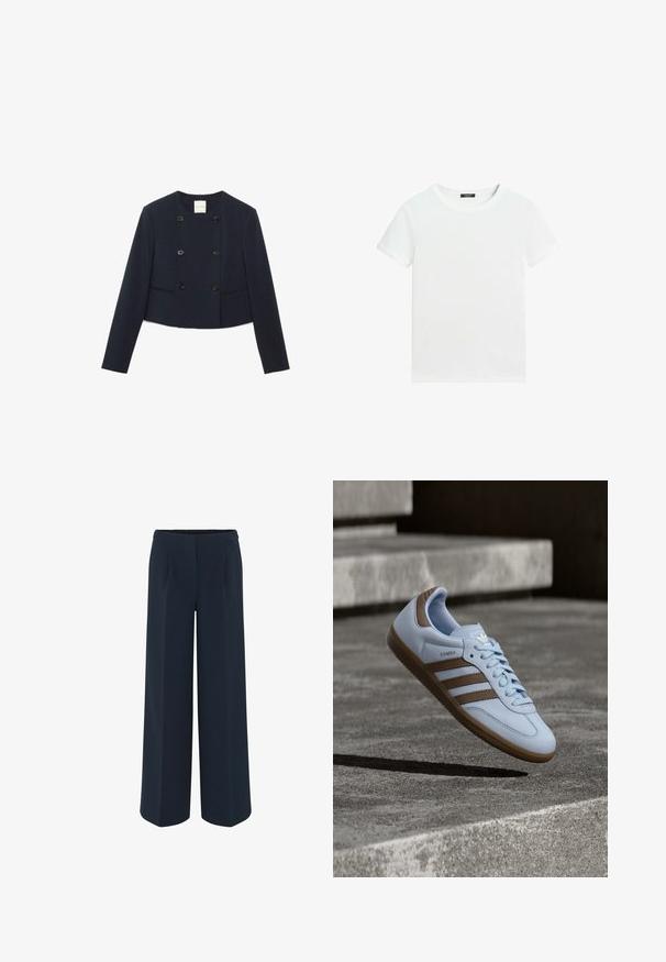 Marineblauer, kurz geschnittene, doppelt geknöpfter Blazer mit sechs schwarzen Knöpfen und langen Ärmeln, flach liegend auf weißem Hintergrund dargestellt.; Schlichtes weißes T-Shirt mit kurzen Ärmeln, rundem Halsausschnitt und einem kleinen schwarzen Etikett innen am Kragen.; Weite Hose in Dunkelblau, aus glattem Stoff, mit maßgeschneiderten Falten und hohem Taillendesign. Keine sichtbaren Taschen oder Verzierungen.; Hellblauer Sneaker mit braunen Wildlederakzenten, drei seitlichen Streifen, flachen Schnürsenkeln und einer strukturierten Gummisohle. Markenlogo auf der Zunge.