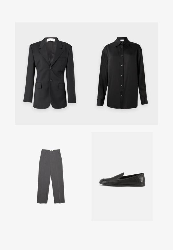 Blazer noir en tissu lisse avec fermeture à un bouton, revers crantés, deux poches frontales et coupe ajustée.; Chemise noire à manches longues en tissu lisse. Dispose d'un col pointu, d'une patte de boutonnage complète et de poignets à boutons.; Pantalons droits gris en tissu texturé, avec une taille mi-haute, des passants de ceinture et des poches latérales. Aucun motif ou accent visible.; Chaussures en cuir noir à enfiler, avec une finition lisse, un bout arrondi et un design minimaliste. Elles possèdent une semelle basse en caoutchouc flexible.