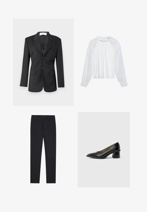 Blazer noir en tissu lisse avec fermeture à un bouton, revers crantés, deux poches frontales et coupe ajustée.; Blouse en satin blanc avec des manches longues, un col rond et un détail plissé à l'avant. Présente une fermeture éclair au dos et des poignets ajustés. Texture lisse.; Pantalons formels noirs slim fit avec passants de ceinture et poches avant, conçus pour un look professionnel et ajusté.; Escarpin noir en cuir à petit talon avec un bout pointu et un talon bloc évasé unique sur un fond gris clair uni.