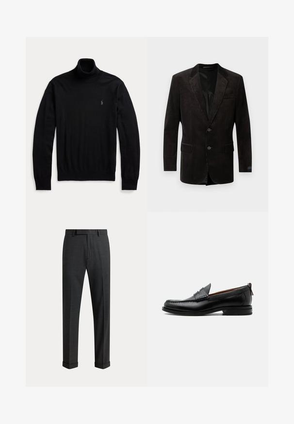 Schwarzer cordblau Blazer mit Revers, zwei vorderen Taschen, zwei Knopfverschluss, texturiertem Stoff und kontrastierender Innenauskleidung.; Schwarzer Langarm-Rollkragenpullover mit gerippten Bündchen und Saum, mit kleinem gesticktem Logo auf der linken Brust.; Dunkelgraue formelle Hose mit Gürtelschlaufen, vorderer Bügelfalte und umgeschlagenen Säumen, vor einem einfarbigen Hintergrund dargestellt.; Schwarzer Leder-Herrenschuh mit Mokassinnaht, Penny-Riemen, strukturiertem Kragen und niedrigem gestapeltem Absatz auf weißem Hintergrund.