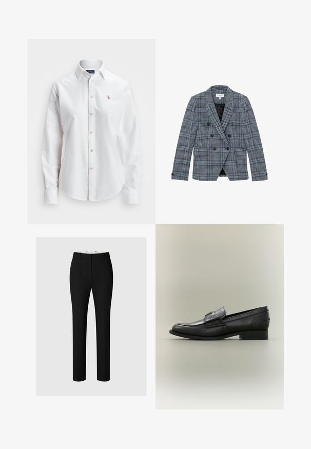 Reiss REGULAR FIT - Blejzer - navy check; Biela košeľa s dlhými rukávmi a gombíkmi vyrobená z bavlny, s klasickým golierom a malým vyšitým logom na hrudi.; Čierne nohavice na mieru vyrobené z hladkej tkaniny, s rovnými nohavicami, pútka na opasok a minimálnym viditeľným švom.; Čierny kožený pánsky mokasín s nízkym podpätkom a detailom remienka, zobrazený v profile na neutrálnom pozadí.