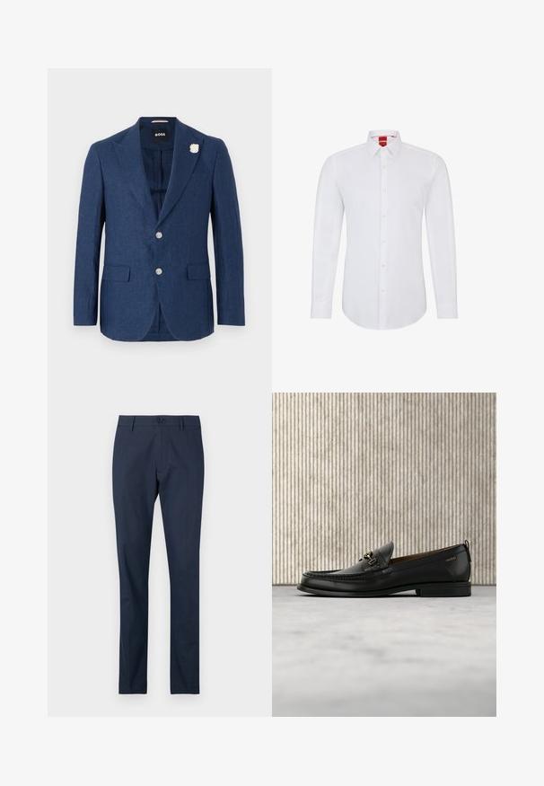 Blazer en lin bleu marine avec un revers cranté, deux poches avant, trois boutons et une épingle décorative en forme de fleur blanche sur le revers gauche.; Chemise blanche à manches longues avec un col, dotée d'une fermeture à boutons sur le devant et d'un tissu doux et lisse. Aucun motif ou accent visible.; Pantalons bleu marine à devant plat, design à jambe droite, avec une fermeture à un bouton à la taille. Tissu lisse sans motifs visibles.; Mocassin en cuir noir avec mors en métal doré et logo "HUGO", présenté sur un tapis beige et un meuble translucide marron.