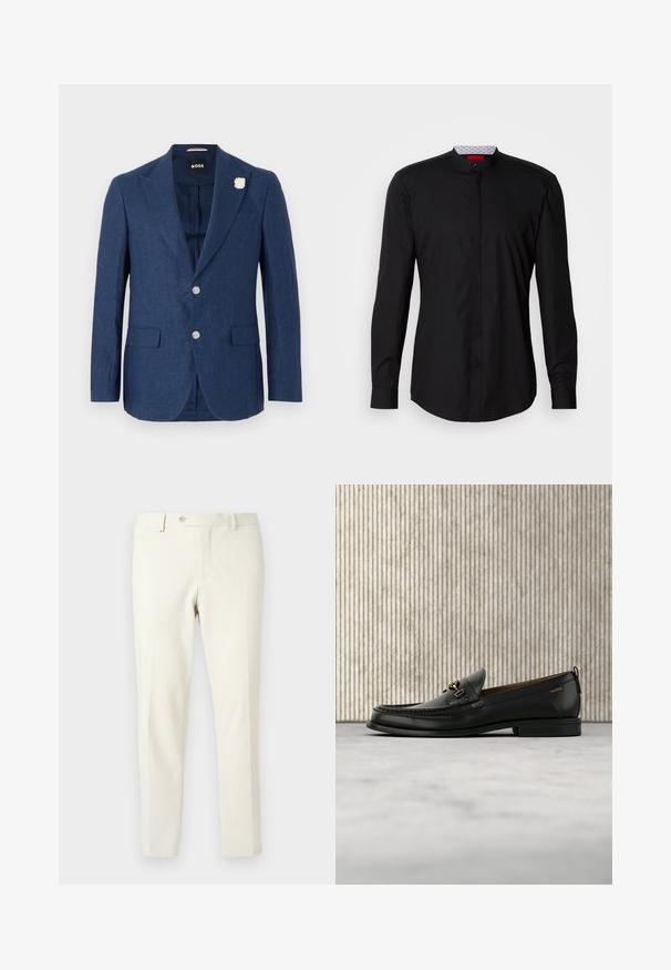 Blazer de lino navy con solapa de muesca, dos bolsillos frontales, tres botones y un pin decorativo de flor blanca en la solapa izquierda.; Camisa negra de manga larga con cuello mandarín, confeccionada en una tela suave, con cierre de botones en la parte delantera y detalles de diseño sutiles.; Pantalones beige claro fabricados con una tela suave. Presentan una cremallera frontal, cierre de botón y bolsillos laterales en ángulo con un diseño de corte ajustado.; Mocasín de cuero negro con pieza metálica dorada y logotipo "HUGO", exhibido sobre una alfombra beige y muebles translúcidos marrones.