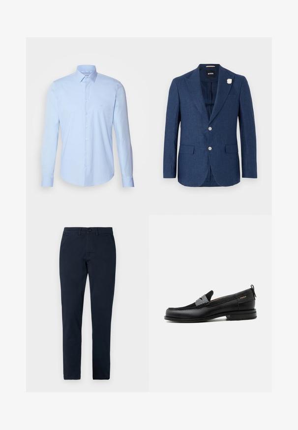 Blazer de lino navy con solapa de muesca, dos bolsillos frontales, tres botones y un pin decorativo de flor blanca en la solapa izquierda.; Camisa de botones azul claro hecha de algodón, con un cuello clásico, mangas largas y un pequeño logotipo en el pecho. Textura suave.; Pantalones negros de corte ajustado para hombre con cierre frontal de botón y cremallera, trabillas para cinturón y bolsillos laterales.; Mocasín de cuero negro con detalle de tira gris, tacón bajo y suela texturizada, con la marca "HUGO" en oro en el lateral.